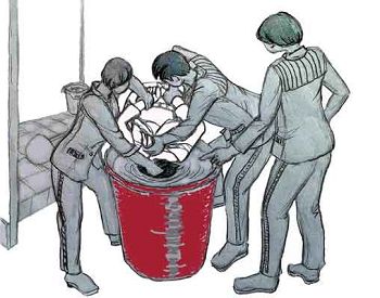 中共酷刑示意图：溺水——把人头按进凉水桶里