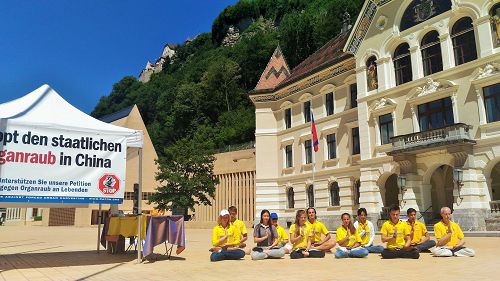 图1：法轮功学员在列支敦士登首府城市瓦杜兹市政府大楼前举行活动