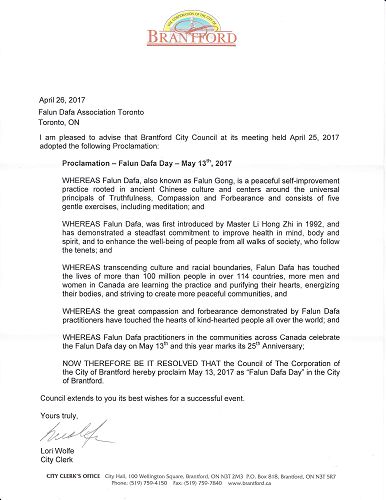 Brantford市宣布5月13日为法轮大法日褒奖