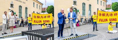 '图2：七月五日，环境党国会议员尼克拉斯·马默贝耶（Niclas Malmberg）先生（左图）和温和党国会议员汉斯·罗森贝耶（Hans Rothenberg）先生（右图）在法轮功学员的活动中发表演讲，声援法轮功学员反迫害。'