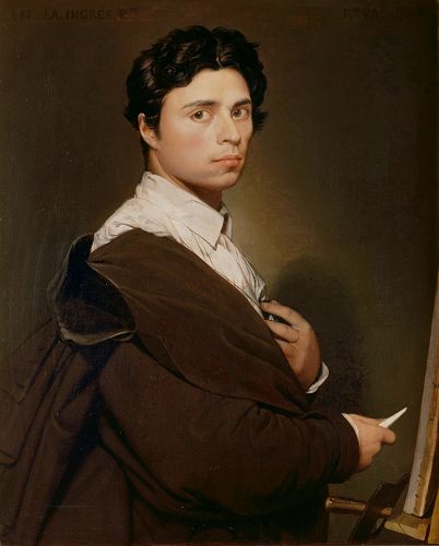 这幅是法国画家安格尔（Jean-Auguste-Dominique Ingres）24岁时的自画像（Autoportrait at age 24），布面油画，77 x 64 厘米，作于1804年。且不谈现在中国美术院校里二十来岁的学画者，就是很多画了一辈子油画的老师、教授也还在把人物肖像画成一块一块的。尽管此画并非安格尔成熟时期风格圆润的作品，但他这幅早年的自画像也足以告诉学画者如何正确表达结构以及不同部位微妙的色彩变化。（来源：维基百科）