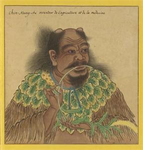 '神农氏像，出《Portraits de Chinois celebres》（历代帝王圣贤名臣大儒遗像），十八世纪绘制，法国国家图书馆藏。（公有领域）'