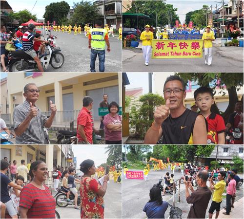 图6：二零一九年二月十日，大年初六下午四点半，法轮功学员在霹雳州华人聚集的拱桥新村（Kanthan Baru）举行新年游行，同样获得当地民众的欢迎，多人骑着摩托车或自行车追随观看，纷纷竖起拇指表示赞好。