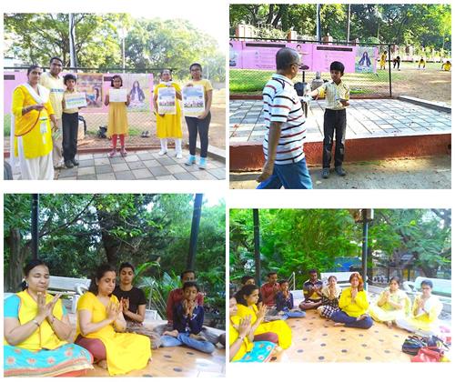 '图2：上图是印度西部城市普勒（Pune）的法轮功学员在公园向民众介绍功法。下图是南部城市班加罗尔（Bangalore）的法轮功学员在公园举办活动。'