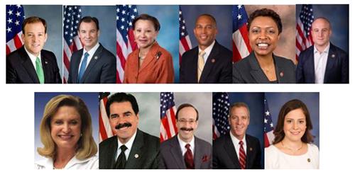 图：从左至右，从上至下，分别是纽约州第一选区国会议员李·米泽尔丁（Lee m. Zeldin），第三选区国会议员托马斯·苏瑞（Thomas R. Suozzi），第七选区国会议员纳迪亚·委拉斯开兹（Nydia M. Velazquez），第八选区国会议员杰弗里斯（Hakeem Jeffries），第九区国会议员伊薇特·克拉克 (Yvette Clarke) ，第十一区国会议员马克斯·罗斯(Max Rose)，第十二选区国会议员卡罗琳·马洛尼（Carolyn B. Maloney），第十五选区国会议员国会议员何塞·塞拉诺（Jose E. Serrano），第十六选区国会议员艾略特·恩格尔（Eliot Engel），第十八选区国会议员肖恩·帕特里克·马洛尼（Sean Patrick Maloney），第二十一选区国会议员爱丽丝·斯特凡尼克（Elise M. Stefanik）