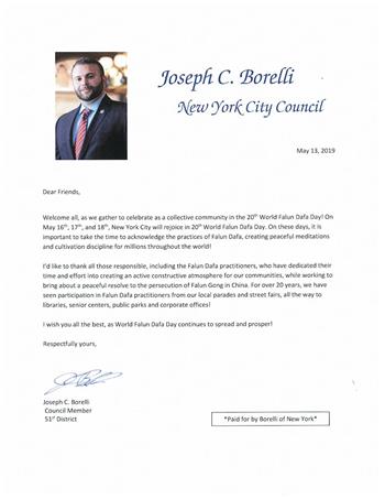 '图9：市议员约瑟夫·博雷利（Joseph C. Borelli）发贺信，鼓励更多人了解法轮大法。。'