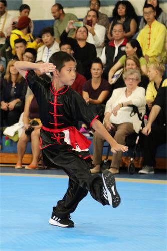 图6：八月二十五日，在第六届新唐人武术大赛决赛中，少年拳术组铜奖得主——杨晓乐表演大内八极拳派八极连环拳。