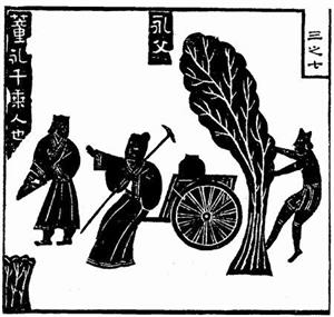 '董永辘车载父，出汉代武梁祠画像石，1821年冯云鹏《金石索》中的复原图。'