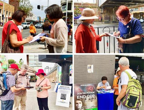 '图2～3：十一月二十二日法轮功学员在悉尼博霍德（Burwood）主街上展横幅、讲真相。'