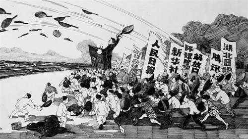 '图3：北京知名画家大车创作的漫画《甩锅》，讽刺中共掩盖疫情真相嫁祸海外（大车遭北京公安带走训诫）。'