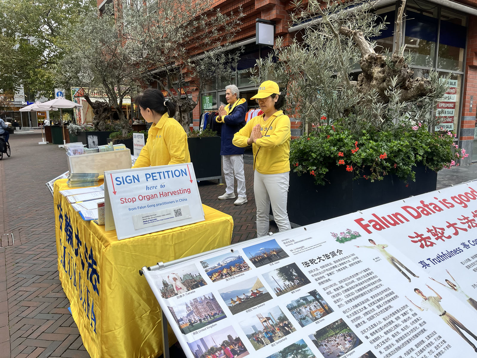 图1~2:二零二五年十月十一日,法轮功学员在荷兰南部市镇莱茵河畔阿尔芬的尤利娅娜街布置真相展板,展示法轮功五套功法。