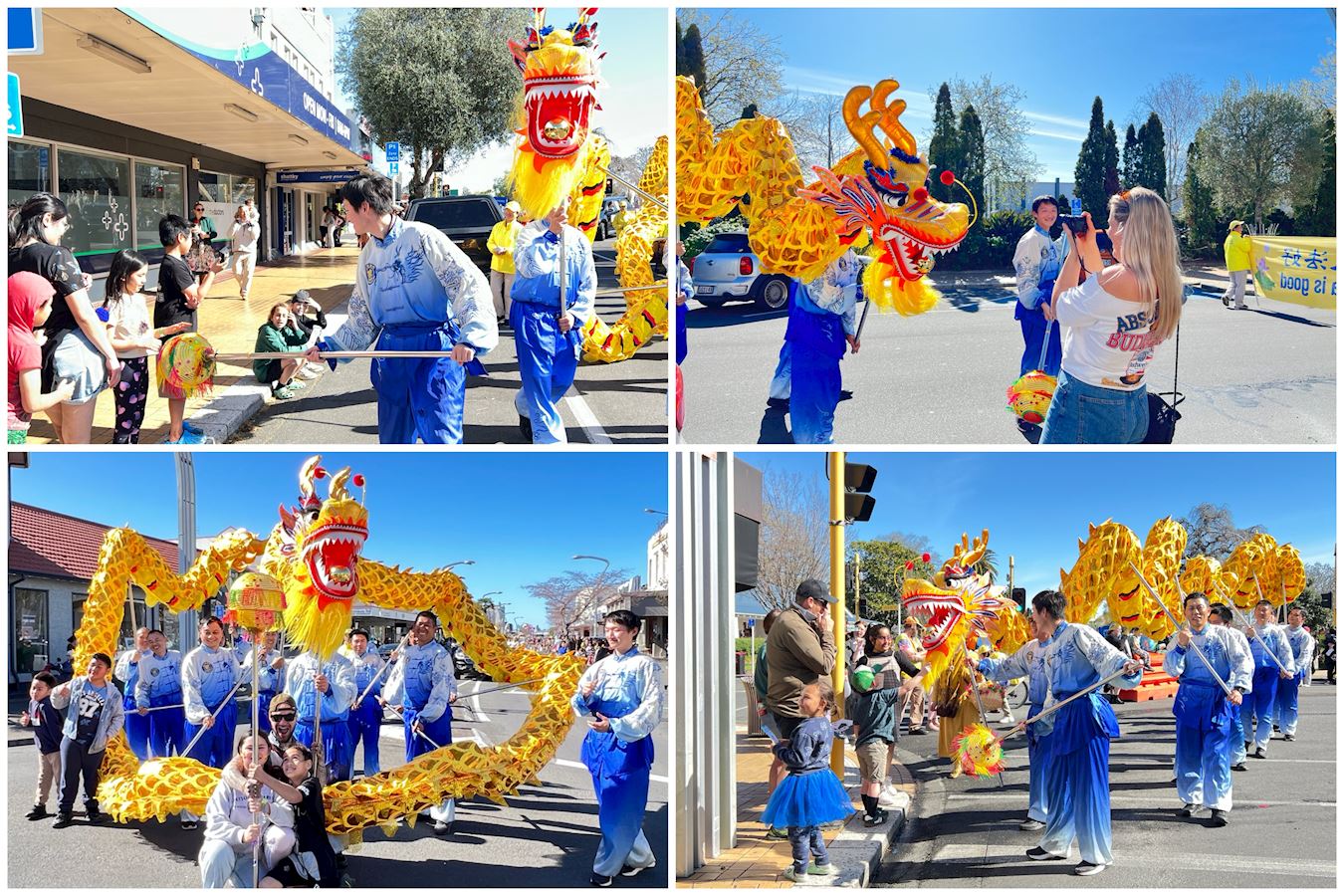 '图7:法轮功学员组成的舞龙队和观众开心互动。'